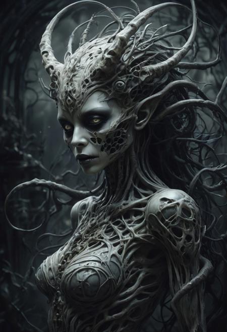 Midjourney, MJ, Midjourney style, poster, manga, anime, a stunning and haunting digital painting of a hybrid creature combining elements of Living Dead and Taotao Mona, with a dark and eerie atmosphere, created by renowned artists known for their supernatural and fantasy works like Brom, Victoria Frances, or H.R. Giger, featuring intricate details and dramatic lighting, rendered in a cinematic style with a gothic and macabre aesthetic -artwork –digital painting –CG render –cinematic lighting –dark atmosphere –supernatural –fantasy –macabre