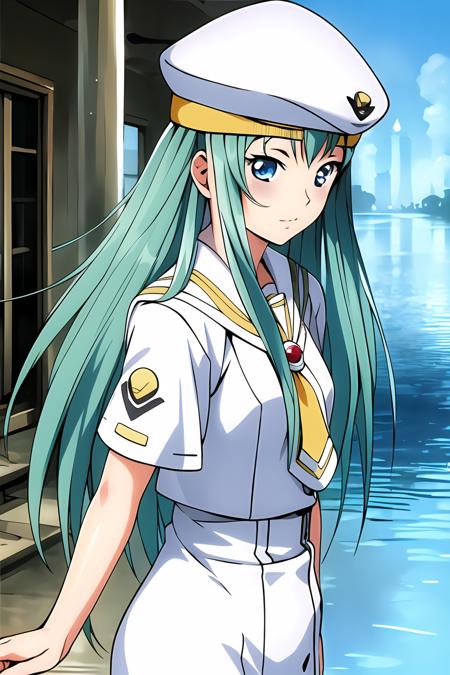 masterpiece, best quality, highly detailed, 1girl, alice carroll, long green hair, aria company uniform, beret, cute, water