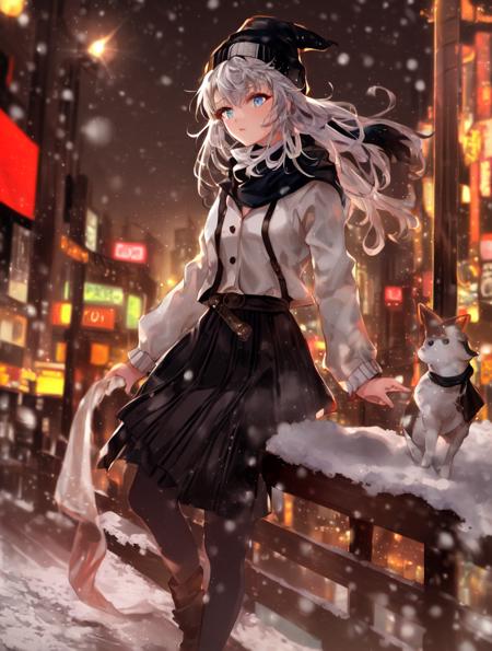 absurdres, masterpiece, highres, cinematic, full HD, 8k, intricate detail, ultra detailed, illustration, (portrait), landscape, 1girl, (road, street:1.4) gothic, white hair, black beanie, blurry, (bokeh, blurry background:1.4), (city lights, neon lights:1.4), winter, morning, sunrise, (Lens Flare), (city, cityscape:1.4), light blue eyes, eye focus, scarf, depth of field, snow, snow particles