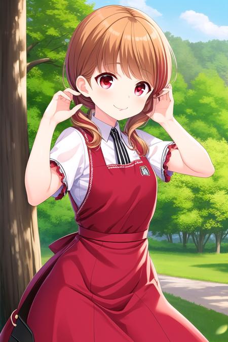 (masterpiece, best quality), highly detailed background, perfect lightingbest quality, amariakari, solo, outdoors, forest, nature, head scarf, brown hair, two-tone hair, red hair, twin braids, short hair, red eyes, plaid dress, vest, puffy short sleeves, lace trim, <lora:GoodHands-vanilla:1>, waist apron, striped skirt, german clothes, smile, closed mouth, :p, pink lips, <lora:Amari-Akari:0.7>