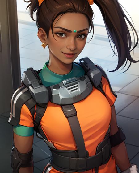 Rampart,dark skin,forehead jewel ,nose piercing,side ponytail ,brown hair, solo, standing, smiling, upper body, close up, 
RampJS,jewelry,orange jumpsuit with white srtipes,knee pads ,  right  glove, green crop top,
tool shed, morning, grease,  oil marks, 
(insanely detailed, beautiful detailed face, masterpiece, best quality)  <lora:Rampart:0.8>