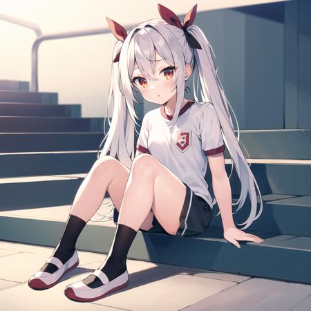 masterpiece, best quality, 
1girl, solo, full body, sitting on stairs, outdoors, 
twintails, white hair, very long hair, hair ribbon, red ribbon, 
gym uniform, uwabliang2, (black socks:1.2), simple background, white background,