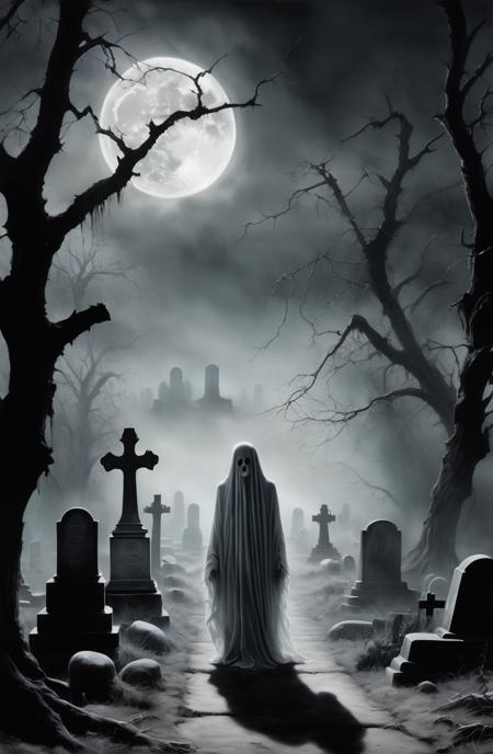 A photorealistic oil painting infused with analog film grain, showcasing a ghost person figure appearing in a misty graveyard under the full moon, with decrepit tombstones and twisted trees, in a monochrome color scheme, conveying an atmosphere of desolation and spine-chilling fear