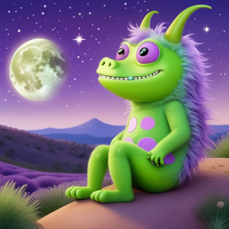 Against a serene lavender sky, a lime-green monster with polka-dot patterns sits perched on a crescent moon, looking curio...