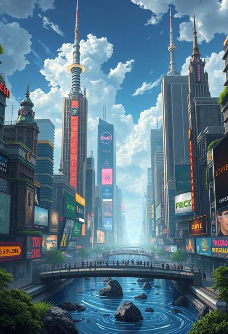 Landscape of a futuristic elvish solarpunk sci-fi city reminiscent of Times Square with tall towers and futuristic skyscrapers, tasteful advertising, surreal colours, detailed sky with greenery and flowing water