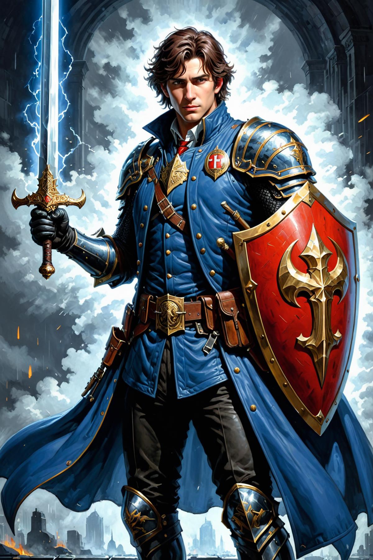 A knight in blue armor with a sword.