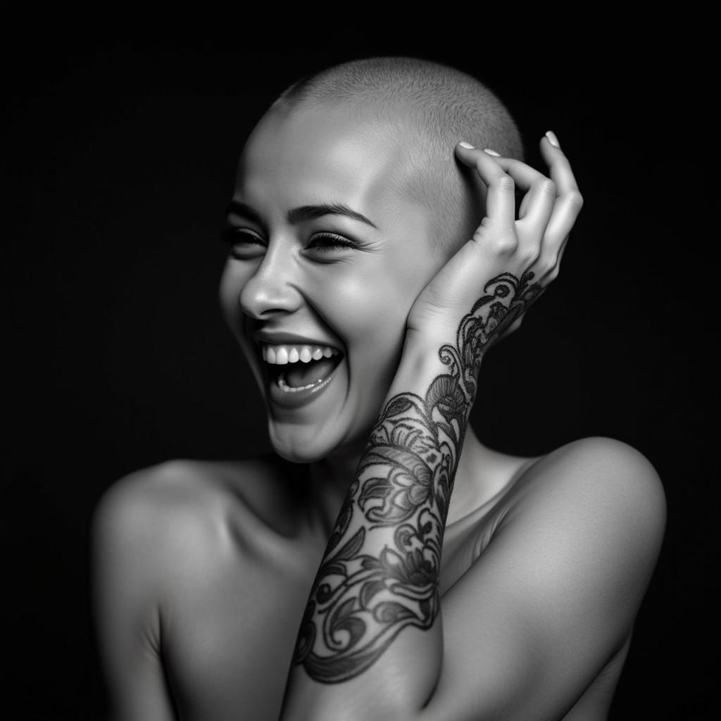 A joyful, bald woman with intricate floral tattoos covering her arm and hand is laughing freely, her head tilted slightly, with her hand resting on her scalp. The image is in black and white, highlighting her expressive face and detailed tattoos. The background is minimalistic and dark, making the subject stand out. The lighting is soft, casting gentle shadows, emphasizing her sharp features and the intricate patterns of her tattoos. The mood is carefree and natural, capturing the beauty in her genuine smile and artistic body art.