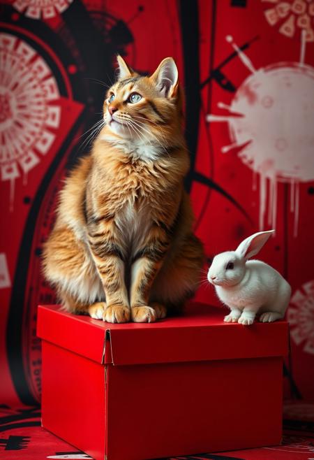 (Soft Lighting Photography by Mimoza Veliu and Mario Giacomelli:1.2), NSFW, A vibrant and colorful photo of a cat sitting on a red box, surrounded by two white rabbits. the cat is looking off to the side with a contemplative expression. the background is a mix of red and black, with abstract shapes and patterns. on the right side of the image, a small white rabbit is sitting on the box, looking up at the cat