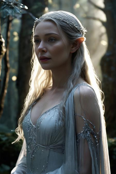 Setting & Atmosphere:
The scene takes place in the heart of LothlÃ³rien, in a dimly lit, ethereal environment with a mystical and otherworldly ambiance. The surrounding area is bathed in a soft, silver-blue light, giving it a dreamlike quality. The light seems to emanate from the trees and water around them.
Galadriel's Expression:
Galadrielâs face is calm and serene, but as she imagines the power of the Ring, her expression changes dramatically. Her eyes widen, glowing with an intense, almost otherworldly light, and her face contorts slightly with a mixture of temptation, power, and latent darkness. Thereâs a sense of immense power brewing within her, restrained yet palpable.
Her Transformation:
As she speaks, thereâs a visual transformation where Galadriel appears larger, more formidable, and otherworldly. Her skin takes on a shimmering, almost metallic hue, with silver and blue tones. Her eyes become brilliantly luminous, glowing with a fierce light that contrasts with the darkness around her. The lighting accentuates the sharpness of her features, giving her a more defined, almost statuesque appearance.
Clothing & Accessories:
Galadriel is wearing a long, flowing white gown made of a delicate, almost translucent material that glows faintly in the low light. The gown has intricate silver embroidery along the edges, with patterns resembling leaves and vines. Her hair is long, golden, and flowing, cascading down her back like a river of light. She wears a simple, elegant silver circlet on her head, adorned with a single white gem in the center.
Lighting & Shadows:
The light around Galadriel is both soft and harsh, creating a duality in her appearance. While her face and upper body are illuminated by a soft, ethereal light, her lower half and the surrounding area are cast in deep shadows, emphasizing the contrast between the light and dark aspects of her character in this moment. The shadows move and flicker subtly, adding to the eerie, powerful atmosphere.
Background Elements:
Behind her, the ancient trees of LothlÃ³rien loom tall, their twisted branches reaching out like dark tendrils. The leaves glisten as if covered in dew, reflecting the faint light. The water in the background is calm, reflecting the soft light of the scene, adding to the mystical feel.
Her Aura:
During the transformation, Galadriel emanates a powerful aura that seems to ripple through the air around her, distorting the space slightly. The air seems to shimmer with energy, and thereâs a sense of awe and dread as she imagines herself as the Dark Queen. The colors around her become more intense, with deep blues, silvers, and blacks dominating the scene.