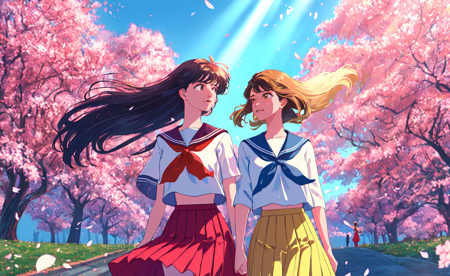 masterpiece, best quality, sakimori, <lora:sakimori:0.75>, outdoors, sparkle background, sparkle, 1990s \(style\), close-up, floating hair, sunlight, light rays, 8k, portrait, High school girls in sailor suits walking with their friends along the cherry blossom trees in full bloom,((((skirt fluttering in the wind))))