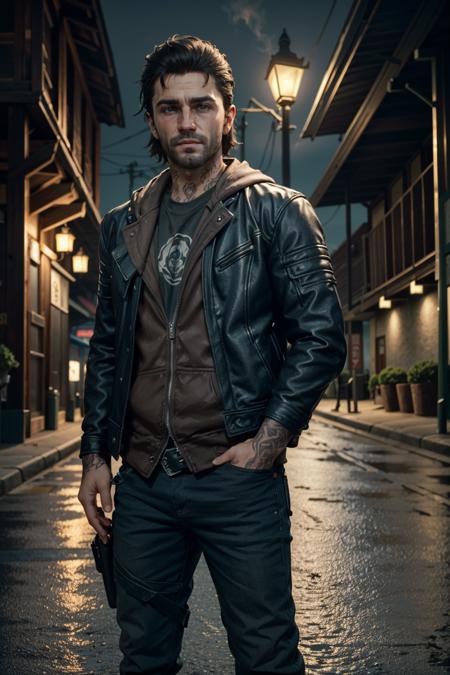 ((ultra detailed, masterpiece, best quality))
 <lora:DaysGoneDeek:0.8>
DaysGoneDeek, 1boy, solo, portrait, Under the glow of a streetlamp, fitted leather jacket, casual yet stylish, a glimpse of tattoos visible, hands in pockets with a nonchalant pose