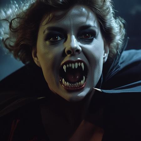 Dark Fantasy Art of  <lora:Amanda Bearse-000004:1>
Amanda Bearse a vampire woman creature with vampire fangs teeth in an epic photo from Fright Night Movie style, dark, moody, dark fantasy style