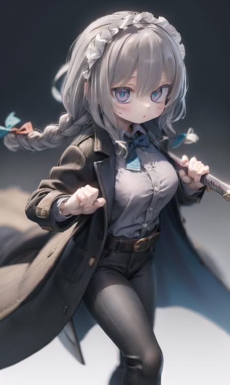 finely detail, Depth of field,best quality, illustration,highres,intricate detail, an extremely delicate and beautiful,,fighting stance, holding sword, 
1girl,solo,izayoi sakuya,blue eyes, grey hair,short hair,  twin braids,long hair,blue bowtie, hair bow, ribbon,, breast,headdress, braid,grey coat, grey shirt,belt,black jeans,
simple background,dynamic pose, <lora:20240110-1704857272830-0015:0.3>