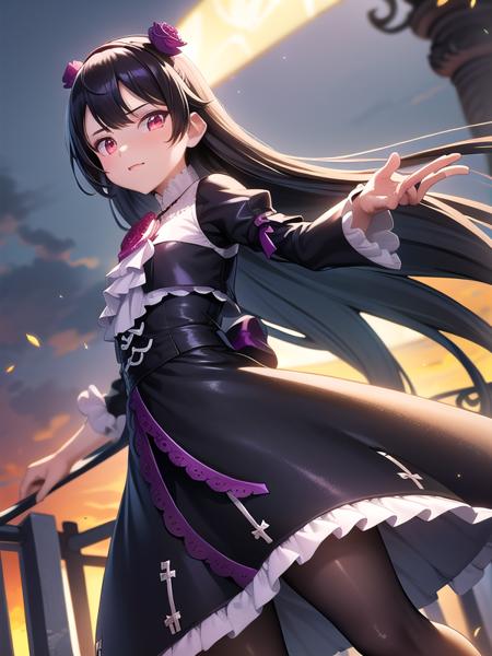 (hyper extreme detailed),(masterpeace),(hyper extreme),(photorealistic),CG,(colour:1.2), beautiful lighting,light from the front,official art, 1girl, sunny day,outdoor for park,
 <lora:kuroneko:1>,kuroneko,black hair, long hair, straight hair,red eyes, black dress , black pantyhose, pumps,flower hair band