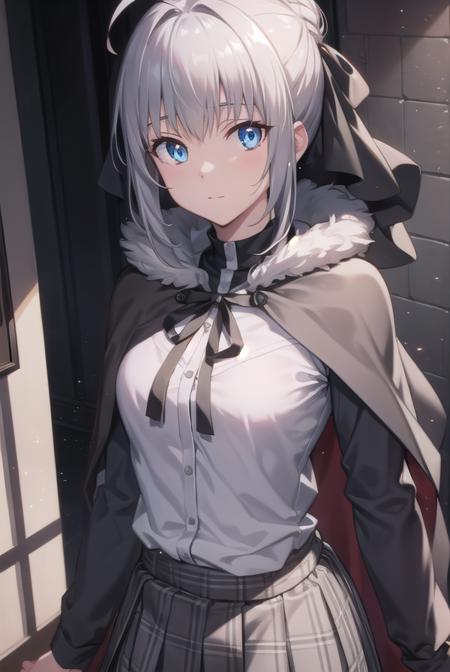 gray, blue eyes, short hair, grey hair, ahoge, black cape, black footwear, black ribbon, black shirt, black thighhighs, cape, grey skirt, hood, hood up, long sleeves, miniskirt, plaid, plaid skirt, pleated skirt, ribbon, shirt, skirt, solo, thighhighs, zettai ryouiki, hair bun, hair ribbon, ribbon, black cape, black footwear, black ribbon, black shirt, black thighhighs, cape, grey skirt, hood, long sleeves, miniskirt, plaid, plaid skirt, pleated skirt, ribbon, shirt, skirt, solo, thighhighs, zettai ryouiki,