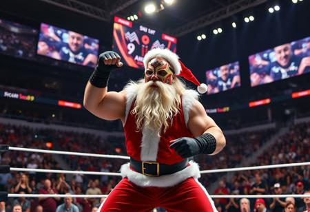 score_9, score_8_up, wrestling stadium, lights, giant screens, the stands full of people cheering, wrestling ring, very muscular SANTA CLAUS using a lucha libre mask  sleeveless  beating a group of  wrestling fighters and defeating them with wrestling movements