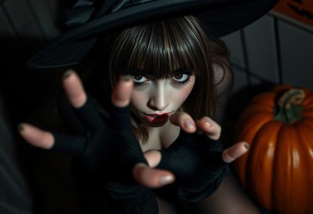 “Close-up of a glamorous woman with crossed bangs, wearing a gothic Halloween costume featuring a witch hat and sheer dark pantyhose. She has an alluring, voluptuous figure with prominent, sensual curves, leaning forward in a playful paw-like pose that suggests heavy breathing. Set indoors at night with a large pumpkin nearby, the scene evokes a spooky yet seductive Halloween atmosphere in monochrome, horror-inspired lighting. Shot with Panavision anamorphic cine lenses for a cinematic, widescreen effect, the viewer’s close, from-above perspective emphasizes her captivating allure within a night vision-inspired horror aesthetic. Anime-styled details enhance the eerie yet intimate vibe.”