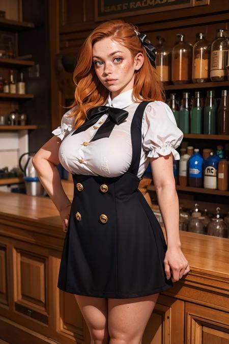 masterpiece, best quality, <lora:age_slider_v20:1>  <lora:detail_slider_v4:2> 1girl, 0v3ralldr3ss, shirt, dress, bow, short sleeves, puffy sleeves, black dress, puffy short sleeves, buttons, double-breasted, pinafore dress,<lora:0v3ralldr3ss:0.7> <lora:Fr3ckles:0.8> Fr3ckles, freckles, long hair, ginger hair, solo, standing,