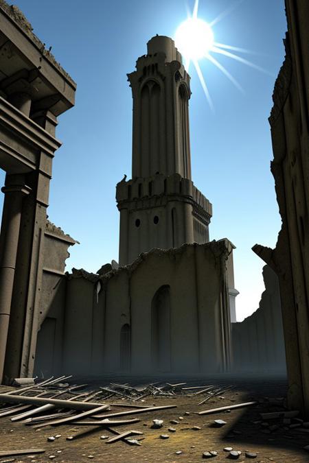 Large tower, ruins around, sunlight, bones, post apocalypse style