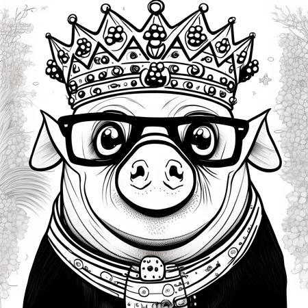 (pig wearing a crown), cute, high-resolution, white background, simple, black and white, thin lines