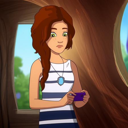 EmilyJones, side braid, light-skinned, brown hair, green eyes, amulet, freckles, solo, stripped shirt, sleeveless shirt, ocean,