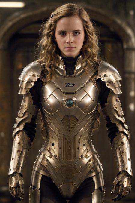 Photograph of emma2009 woman, wearing a wide fitted mechanical armor, mech4rmor. <lora:EmmaWatson09-10_v1.0.1b-Realvis:0.7> <lora:Clothing - Mechanical Armor:0.6>