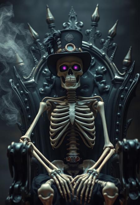 full-length view, Photography of a bored skeleton on a throne. The skeleton is dressed in a steam punk costume, he wears a steam punk top hat, and purple eyes. The mood is heroic fantasy, magical and dark with diffused smoke. The throne is made of steel. Professional photography. Highest-Quality, 4k, intricate details, visually stunning, Masterpiece