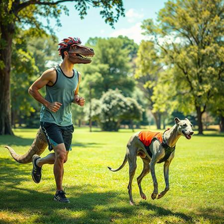 Summer, a beautiful park, a young man in sports clothes jogging next to his pet dinosaur and a greyhound. The dinosaur and the dog are wearing sports vests for dogs, and the dinosaur is the same height as the dog, which creates a bizarre and playful scene.