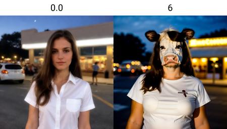 a white woman, long hair, brown hair wearing white shirt <lora:cow_slider_v10:0.0> road, in front of grocery shops, short sleeve, vehicles, night time