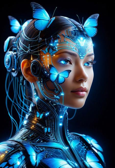 butterflyStyle,   cybernetic face, AI concept art, human-machine fusion, circuit board overlay, glowing data streams, futuristic cityscape, digital connectivity, artificial intelligence, neon blue network, tech-human hybrid, high-tech portrait, virtual intelligence, transhumanism, surreal technology art, glowing circuits, AI consciousness