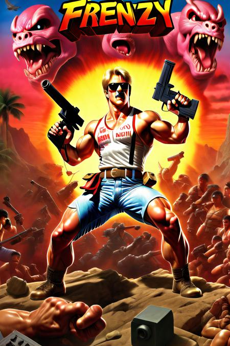 box_art_frenzy, 1980s Nintendo box cover art, photorealistic portrait of a muscly army hero holding machine gun, sunglasses, collage, character portraits, insane detail, armies, day glow, epic, majestic landscape, karate video game, double dragon, beat em up