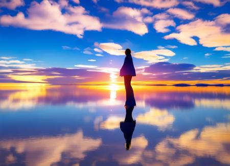 1girl,gigantic breasts,cloudy_sky,gradient_sky, horizon,ocean, orange_sky,evening, purple_sky, red_sky, reflection,  scenery,sun, sunlight,,masterpiece,best quality,ultra-detailed, perfect lighting,reflection,   <lora:Uyuni Salt Flat-v1:1>