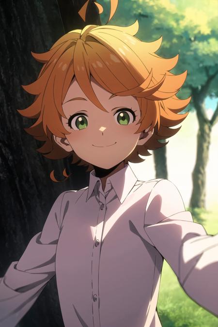 emma, neverland, 1girl, solo, upper body, nature, forest, bush, tree, looking at viewer, smiling, short hair, shirt, long sleeves, green eyes, white shirt, upper body, ahoge, outdoors, collared shirt, orange hair, <lora:Emma:0.7>