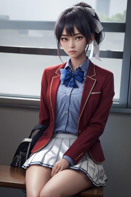 masterpiece, best quality, highres, 1girl amikura ponytail hair ribbon, school uniform white skirt red jacket blue shirt blue bowtie <lora:amikura:1> sitting, (photorealistic:1.0)