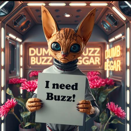 masterpiece, intricate photo, realistic outer space humanoid alien cat holding a white sign on which is written "I need Buzz!", background interior of a spcecraft, giant alien flowers at the walls, in the background is written in neon letters "Dumb Buzz Beggar", hyper realistic, highly detailed, sharp focus, crepuscular lights in the background, dawn of technology, dark art, gothic art, cyberpunk style, best quality, high resolution, colorful, vibrant colors, cozy indoor lighting, 8K