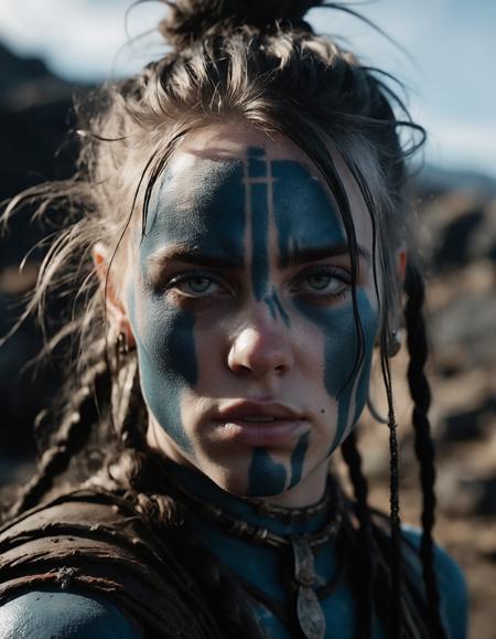 cinematic photo Close-up of (((ohwx woman))) in Hellblade: Senua's Sacrifice, emerging from black mud, long hair with dreads, war blue paint, paint fading, angry expression, dirty face, finely detailed eyes, moody, viking clothes, epic scene, epic composition, Photography, Cinematic Lighting, Volumetric Lighting, ethereal light, intricate details, extremely detailed volumetric rays   <lora:billie_dh128_lora_v2:1.1> . 35mm photograph, film, bokeh, professional, 4k, highly detailed