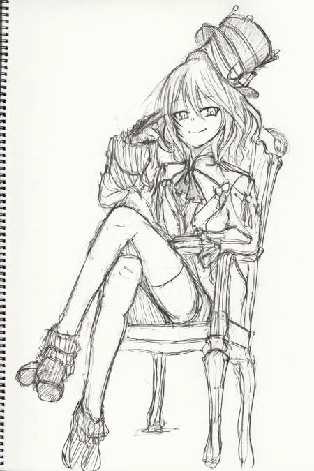 <lora:style18-v2:1>,sketch, greyscale, monochrome, traditional media,<lora:Furina-sver:1>,furina,hat,smile, little girl,,grey background, sitting, crossed legs, ,chair,blue footwear