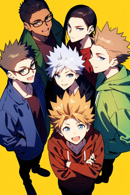 masterpiece, best quality,<lora:fstyle02-128-c:1>,fstyle02, multiple boys, crossed arms, male focus, shirt, black hair, glasses, jacket, black pants, yellow background, smile, looking at viewer, brown hair, grey hair, hoodie, hood, pants, open mouth, red shirt, simple background, short hair, standing, white shirt, black jacket, long sleeves, hood down, 4boys, collared shirt, 5boys, closed mouth, from above, blue eyes, shoes, bangs, brown jacket, green eyes, formal, hand up, :d, red hoodie, blue jacket, blue shirt, looking up, spiked hair, grey eyes, teeth, foreshortening, brown shirt, parted lips