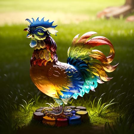 a (colorful glaze, transparent:1.1) rooster, (solo:1.2), standing in lawn, <lora:colouredglazecd-000006:0.8>, colouredglazecd, no humans, high quality, masterpiece, realistic, photorealistic, long-focus, (outdoors)