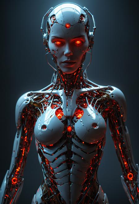 Beautiful female cyborg, part machine and part human, glowing red eyes, full-length image, cinematic photography, golden cobweb, majestic, awesome, inspiring, closeup, smooth, atmospheric haze, cinamatic composition, soft shadows, national geographic style, neon glow, extremely detailed