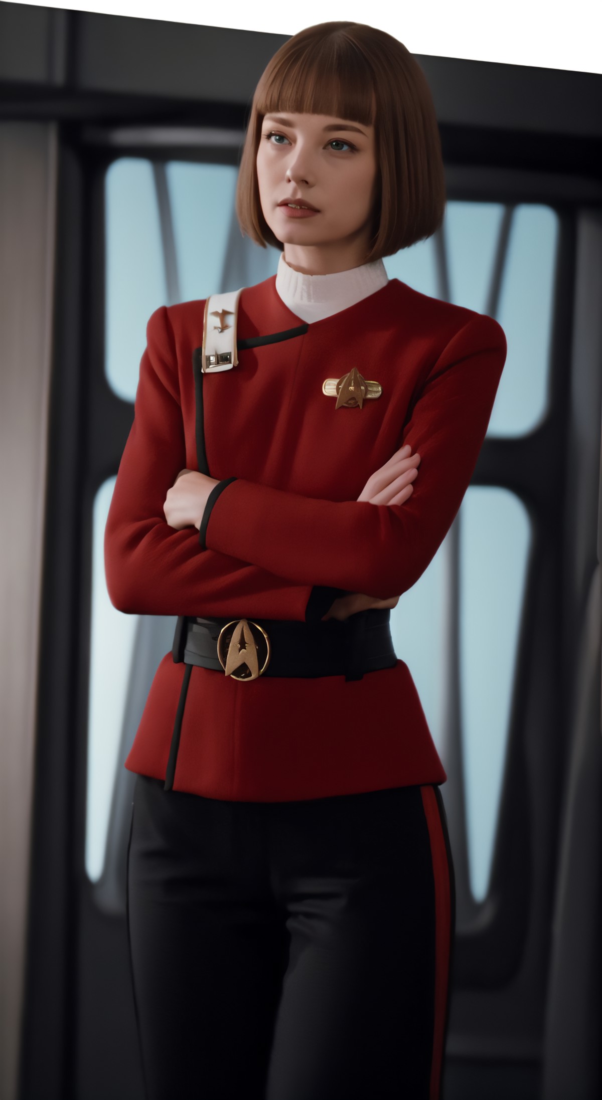 side (bob haircut1:1), vulcan girl, star trek ,  (twokunf red uniform:1.25),black pants <lora:TWOK_OC:1>, pointy ears, whi...