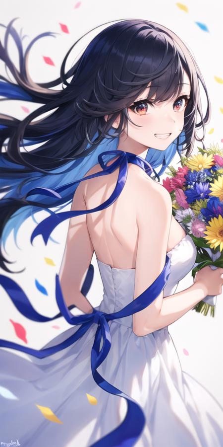 1girl, arm behind back, bangs, bare shoulders, blue hair, bouquet, confetti, dress, floating hair, flower, grin, holding, holding bouquet, holding flower, light blue background, light particles, long hair, looking at viewer, mixed-language commentary, multicolored eyes, neck ribbon, orange flower, orange ribbon, ribbon, signature, smile, solo, strapless, strapless dress, teeth, white dress, white hair, wind, <lora:mika_locon_v1d:0.7>