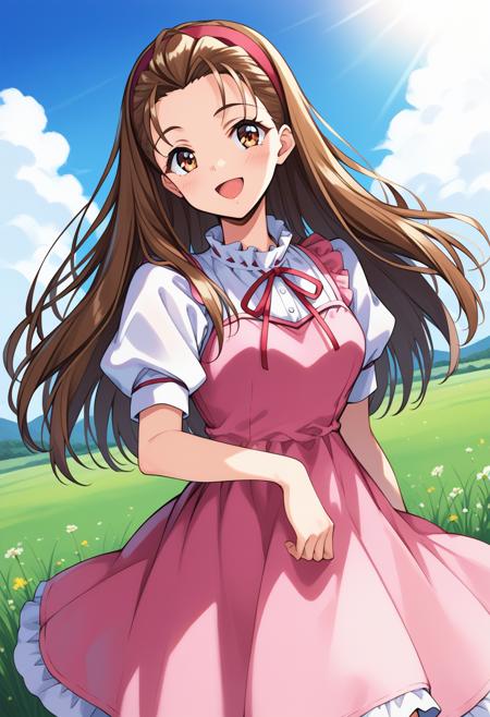 yasuda_maina, brown eyes, brown hair, long hair, hairband, school uniform, serafuku, white sailor collar, yellow neckerchief, white shirt, long sleeves, green skirt, pleated skirt,