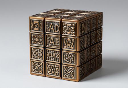 A bronze Rubik’s Cube inspired by Picasso’s cubist style, with each face designed with intricate geometric patterns and textures. The cube’s rows feature engraved text: the top row spells ‘MAD’, the middle row says ‘MAX’, and the bottom row displays ‘SAX’ in stylized lettering. The cube should look like a sculptural art piece with a vintage, surreal feel, capturing both the allure of cubism and the polished look of bronze. The background should be minimal to keep the focus on the cube’s artistic detail.”
