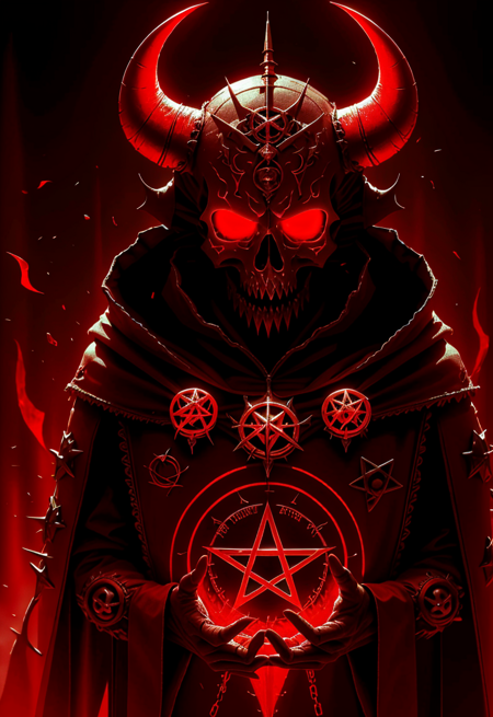 <lora:Blood:1> a close up of a demonic skull with a pentagram in the background, demon circle, demon, character art, red cloth around his shoulders, horns, rusty circle, third eye  <lora:xTTx:1>