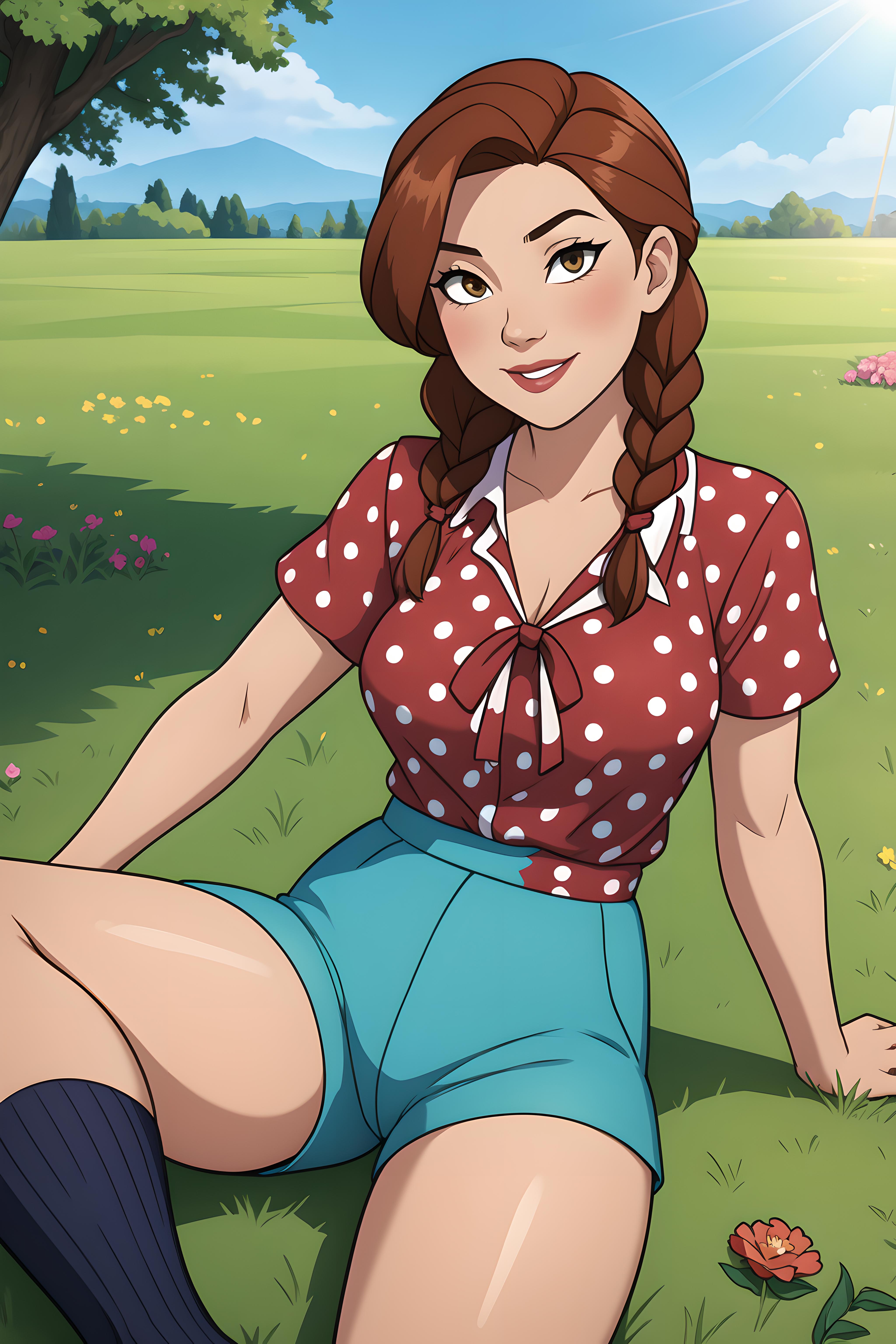 Cartoon Character of a Girl with Polka Dots and Braids Sitting in the Grass.