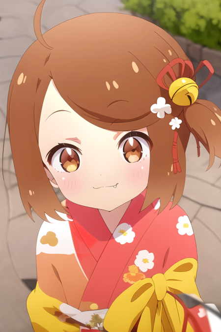 1girl, solo, looking at viewer, blush, smile, short hair, bangs, brown hair, hair ornament, brown eyes, closed mouth, tail, hair ribbon, ahoge, outdoors, japanese clothes, fang, kimono, blurry, side ponytail, bell, :3, depth of field, blurry background, fox tail, floral print, jingle bell, hair bell, red kimono, print kimono, fang out