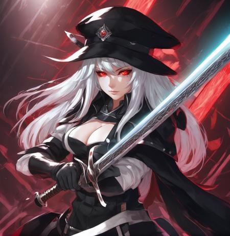 1girl, solo, weapon, red eyes, hat, holding, long hair, holding weapon, black headwear, sword, white hair, gloves, fingerless gloves, holding sword, closed mouth, glowing weapon, looking at viewer, upper body, hair between eyes, bangs, glowing sword, long sleeves