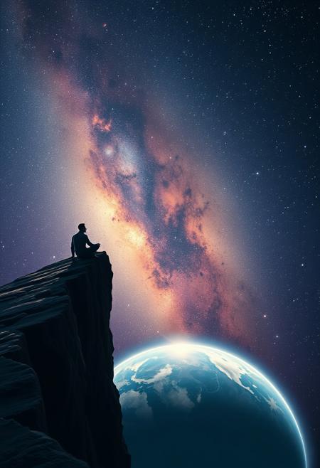 One man sitting on a cliff in space, gazing down at a planet below, stars and galaxies fill the background