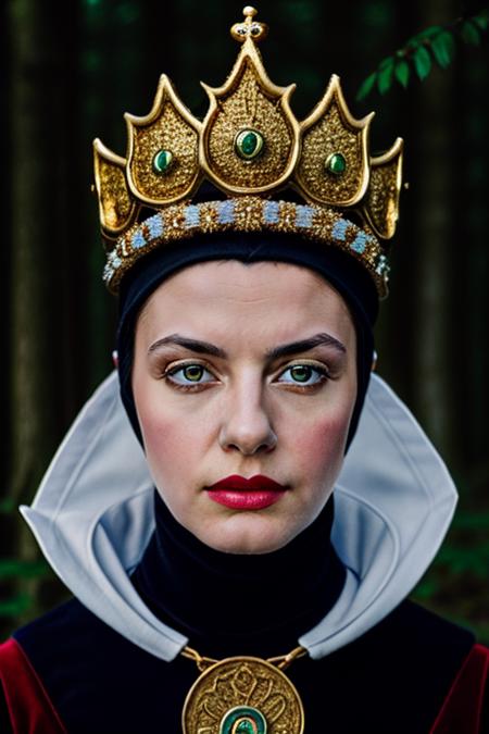 <lora:Queen-V2_HH:0.8> qu33n_gr1mh, realistic, photograph, masterpiece, 4k,1girl, woman,looking at viewer, (solo), forest, close-up, gold crown, black cap, queen,medieval, (balaclava:0.8)
 <lora:skin_tone_slider_v1:-1>, beautiful